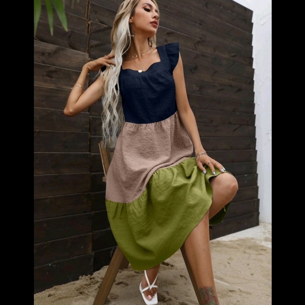 Ruffle Trim Smock Midi Dress